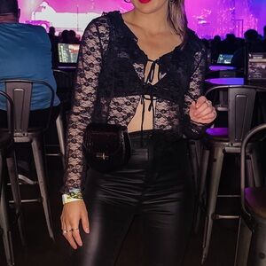 12th Tribe Constance Black Lace Tie Front Top